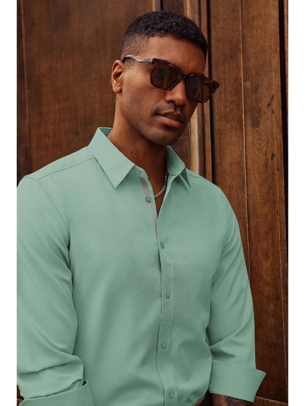 Men's Green Dress Shirt Wrinkle Free Stretch Button Down Casual Slim Fit - Picture 6 of 6